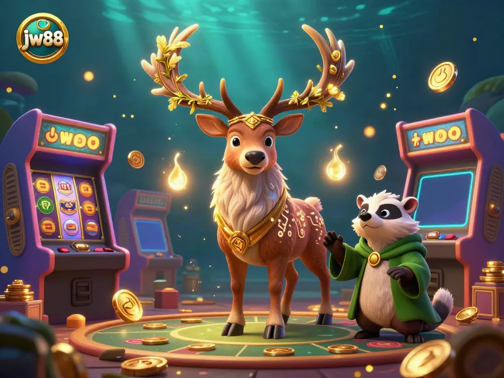 Engage with jw88 through a vibrant and magical casino scene featuring dynamic characters and bright game elements.