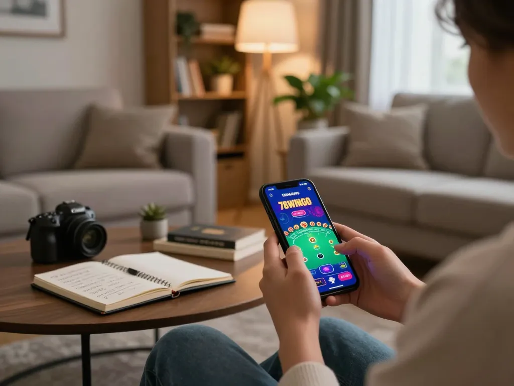 Enjoy playing exciting casino games on 78wingo app in a cozy living room setting