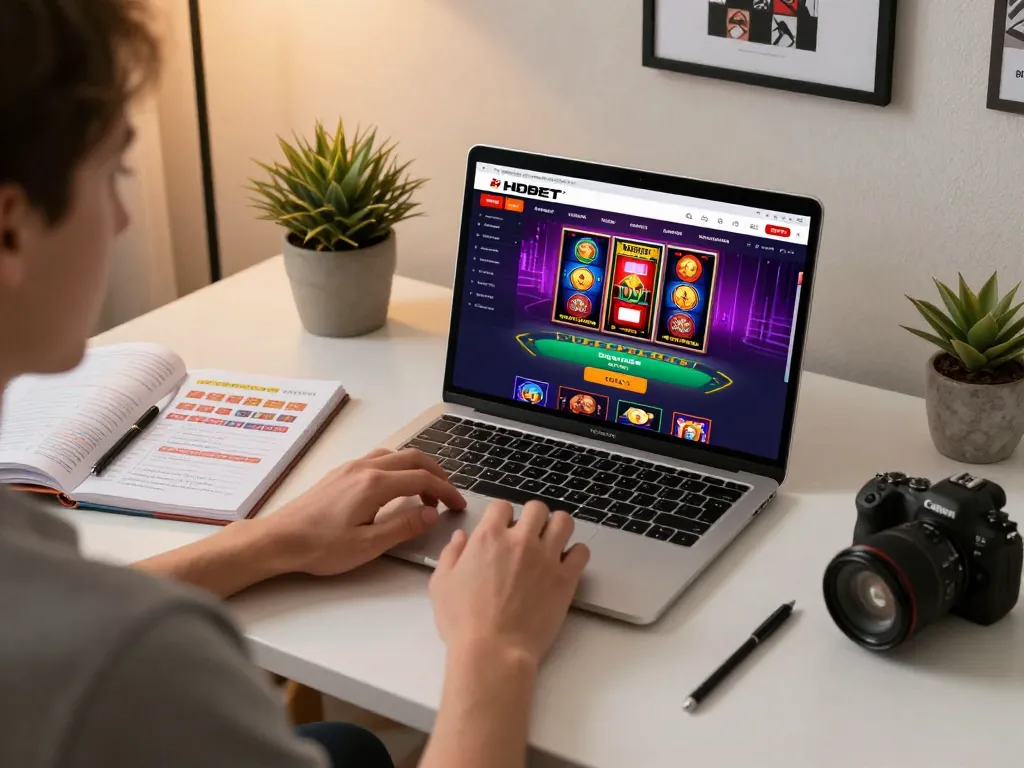 Engaged player using HDBET online gaming platform on a laptop at a modern home office.