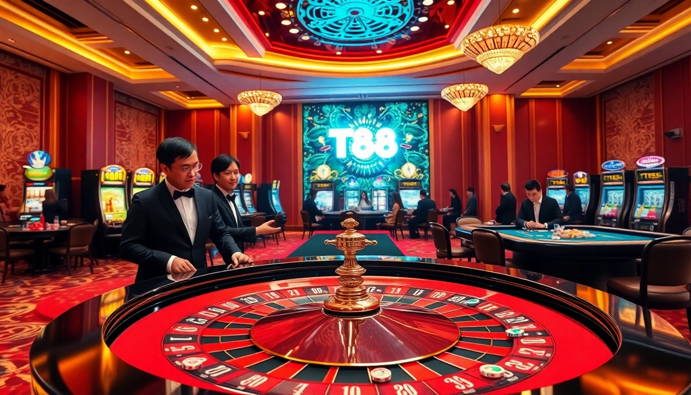 Experience the excitement at TR88 trang chủ with vibrant casino action and elegant players at the roulette table.