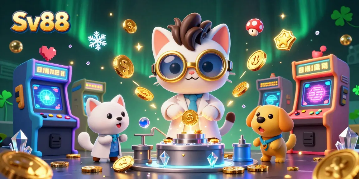Sv88 brings excitement with a playful mad scientist cat and dog creating casino magic.