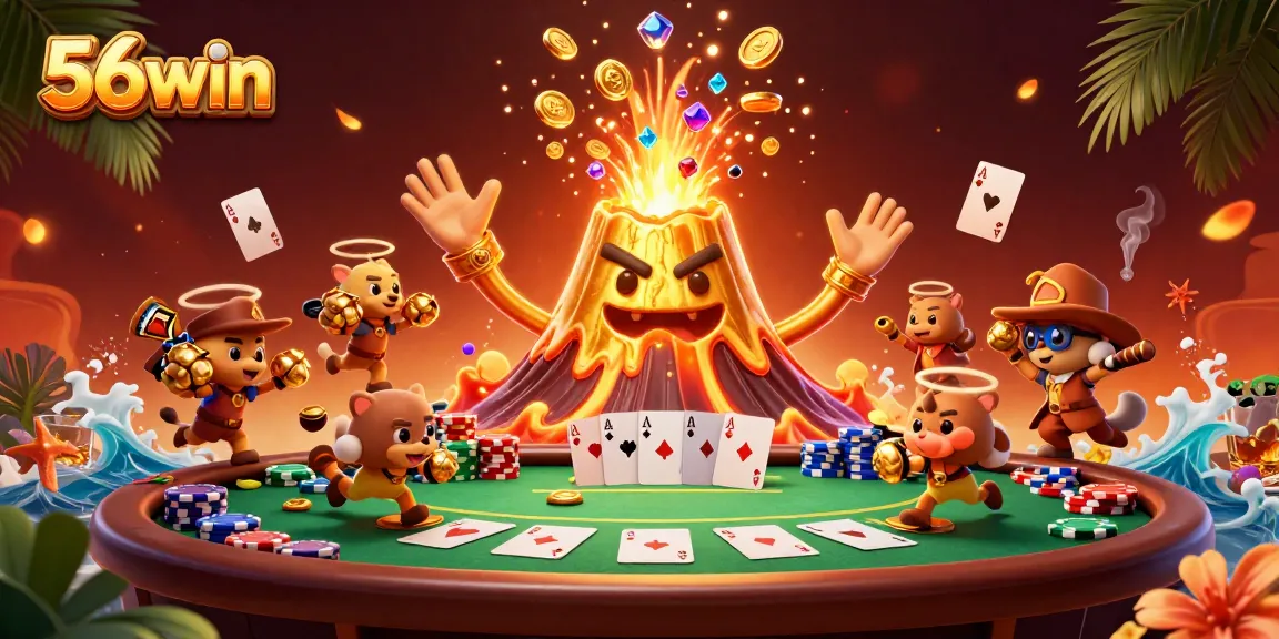 56win showcases thrilling casino action with a vibrant volcano erupting treasures in this dynamic illustration.