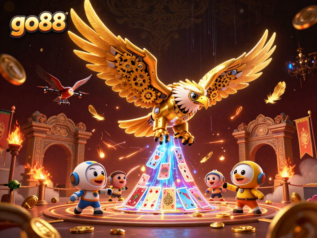 Experience the thrill of go88 with a dynamic 3D illustration of a golden eagle amidst gaming elements and vibrant ambiance.