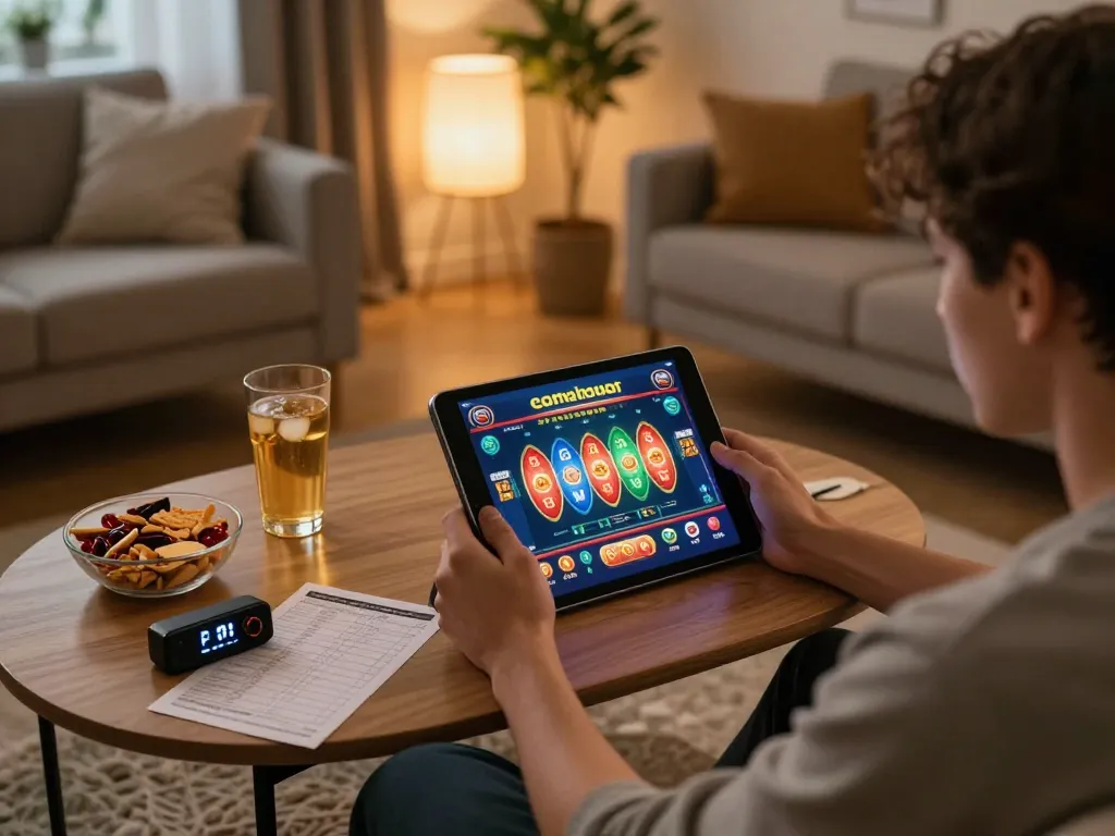 Engaging in online gaming on a tablet, showcasing the bsport interface in a cozy home setting.