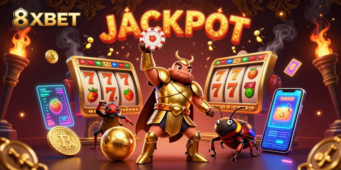 Experience the excitement of 8XBET with a cartoon beetle victory and vibrant casino elements.