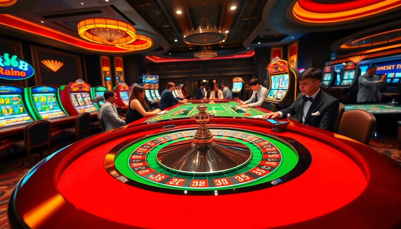 RR88 players engaged in thrilling roulette and slot gameplay in a vibrant casino environment.