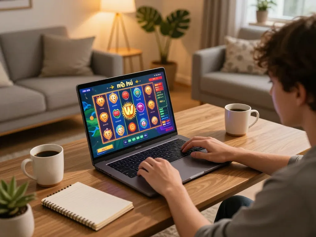 Player enjoying nổ hũ online game on laptop in a cozy home setting, showcasing engaging gameplay.