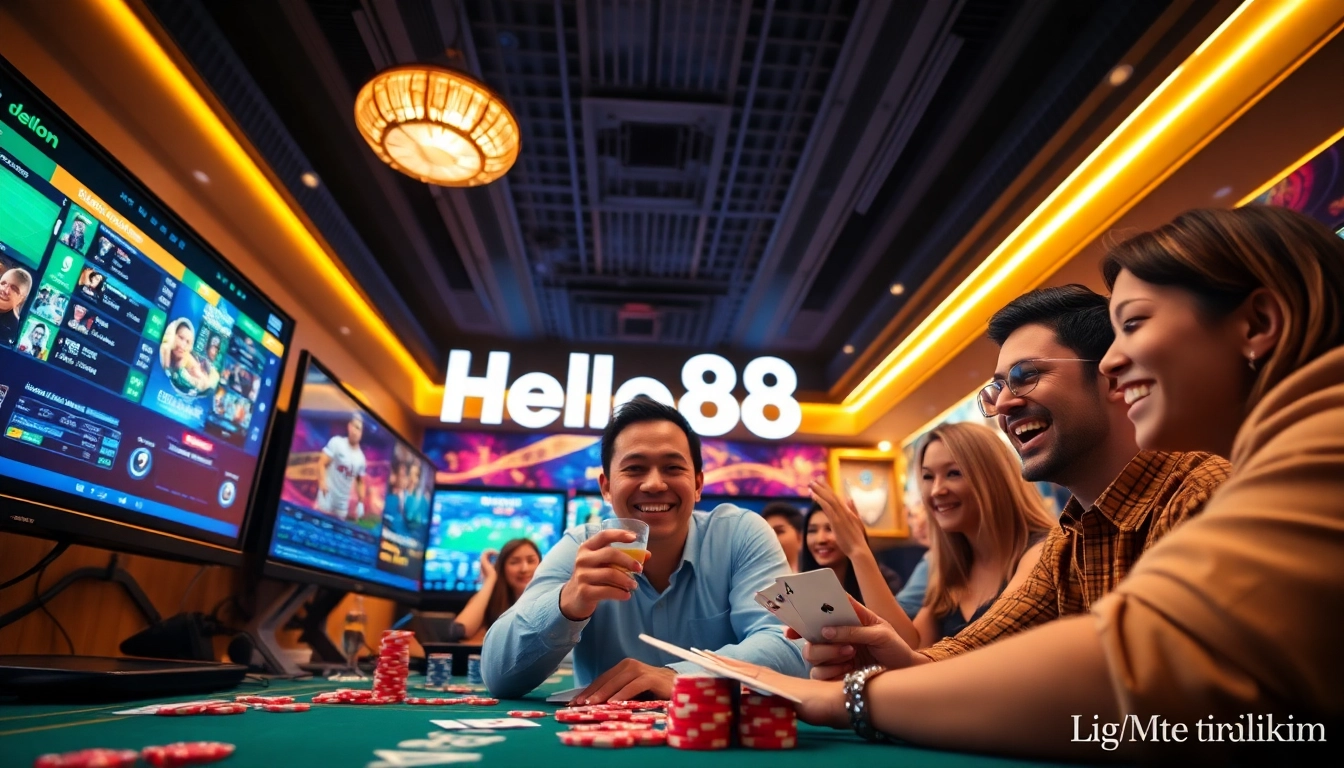 Engaged players enjoying casino games and sports betting at hello88win.live, vibrant atmosphere.