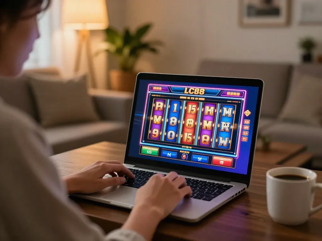 Play LC88's exciting online slots on a stylish laptop, showcasing engaging gaming experience