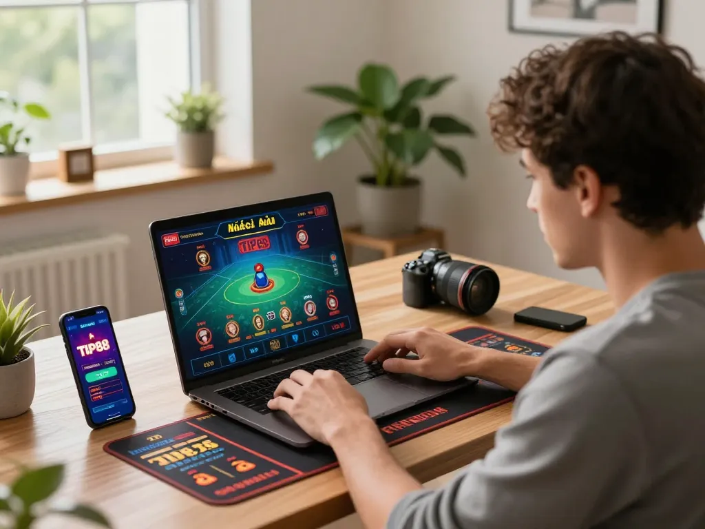 Engaging in online gaming with Nhà cái TIP88 on a laptop, showcasing a stylish home office setup.