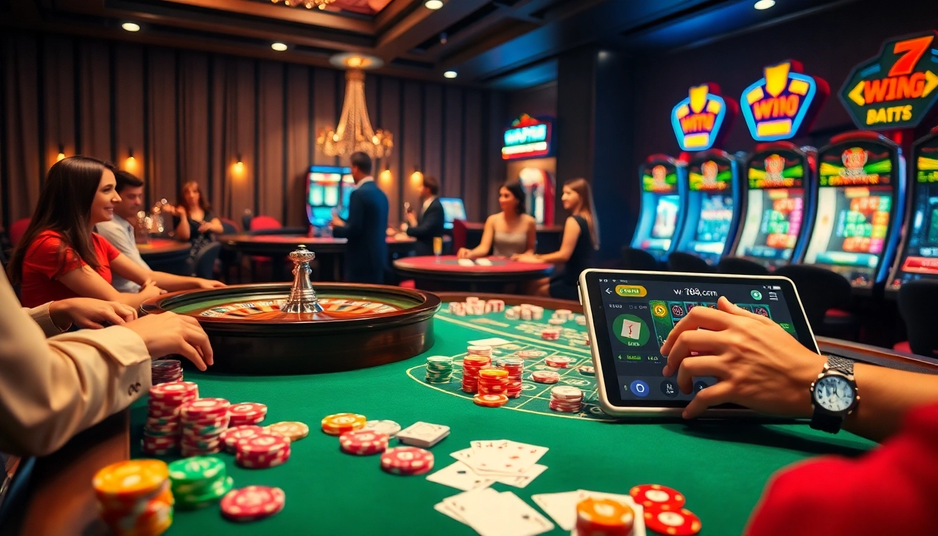 Engage in thrilling gaming experiences at w188.com with vibrant casino tables and dynamic slot machines.