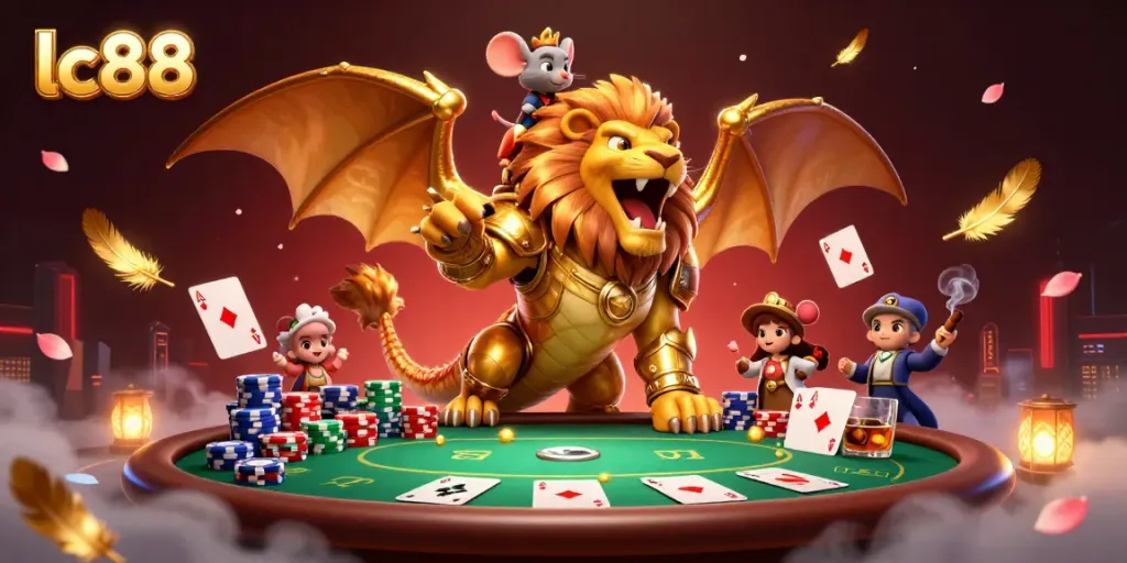 Experience thrilling gaming action at lc88 with golden lion-chimera and poker elements.