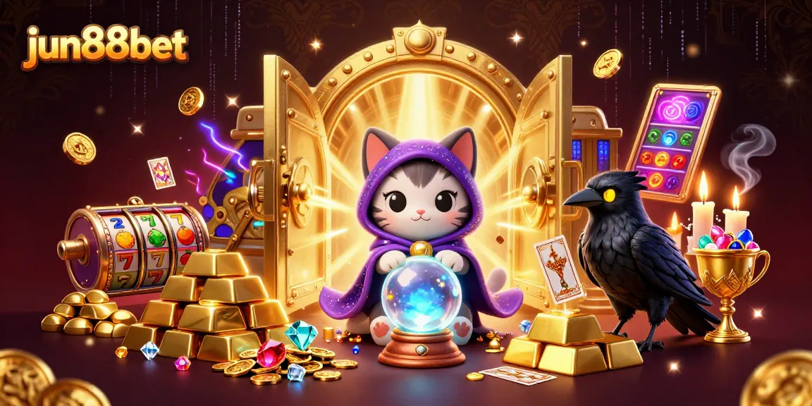 Play exciting games at jun88bet with a mystical 3D illustration showcasing fortune-teller cat and raven.