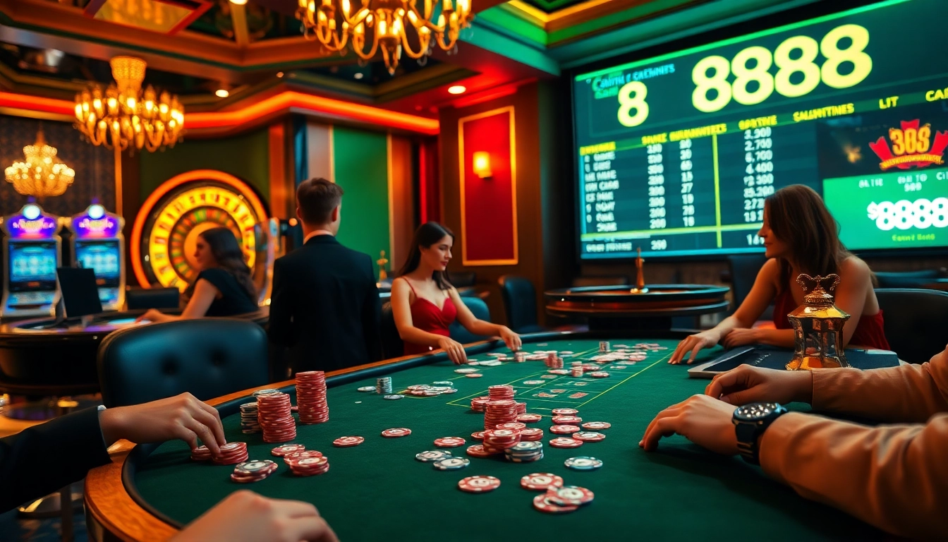 Experience an exciting game at 888b poker table with colorful chips and cards surrounded by engaged players.