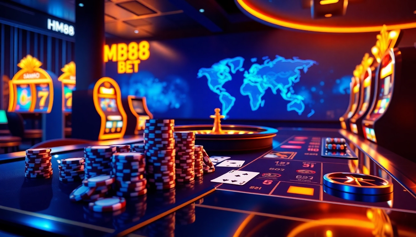 HM88 BET showcasing professional poker chips, roulette wheel, and sleek betting interface