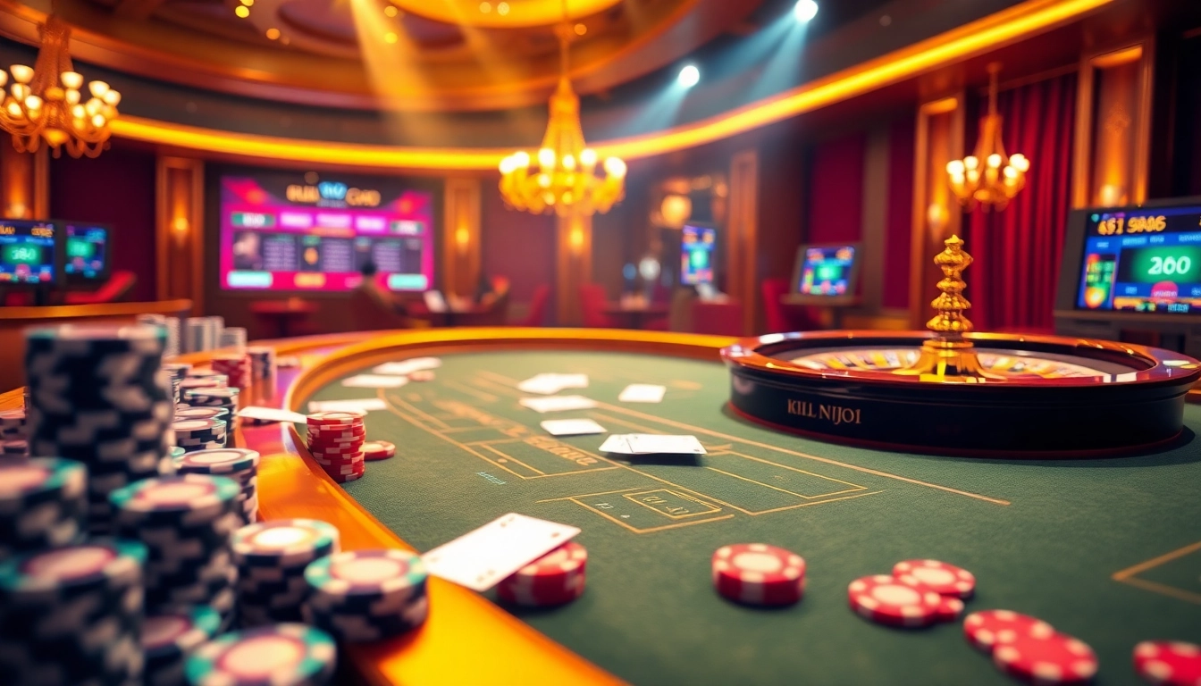 Experience excitement at KJC with a vibrant online gambling scene featuring poker chips and cards.