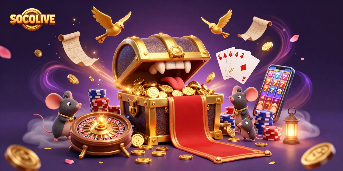 SOCOLIVE presents a captivating scene of a golden treasure chest, adventure-loving mice, and dazzling casino elements in a vibrant 3D illustration.