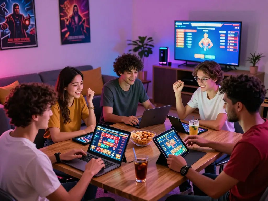 Friends playing online games on TR88 with vibrant lighting and devices.