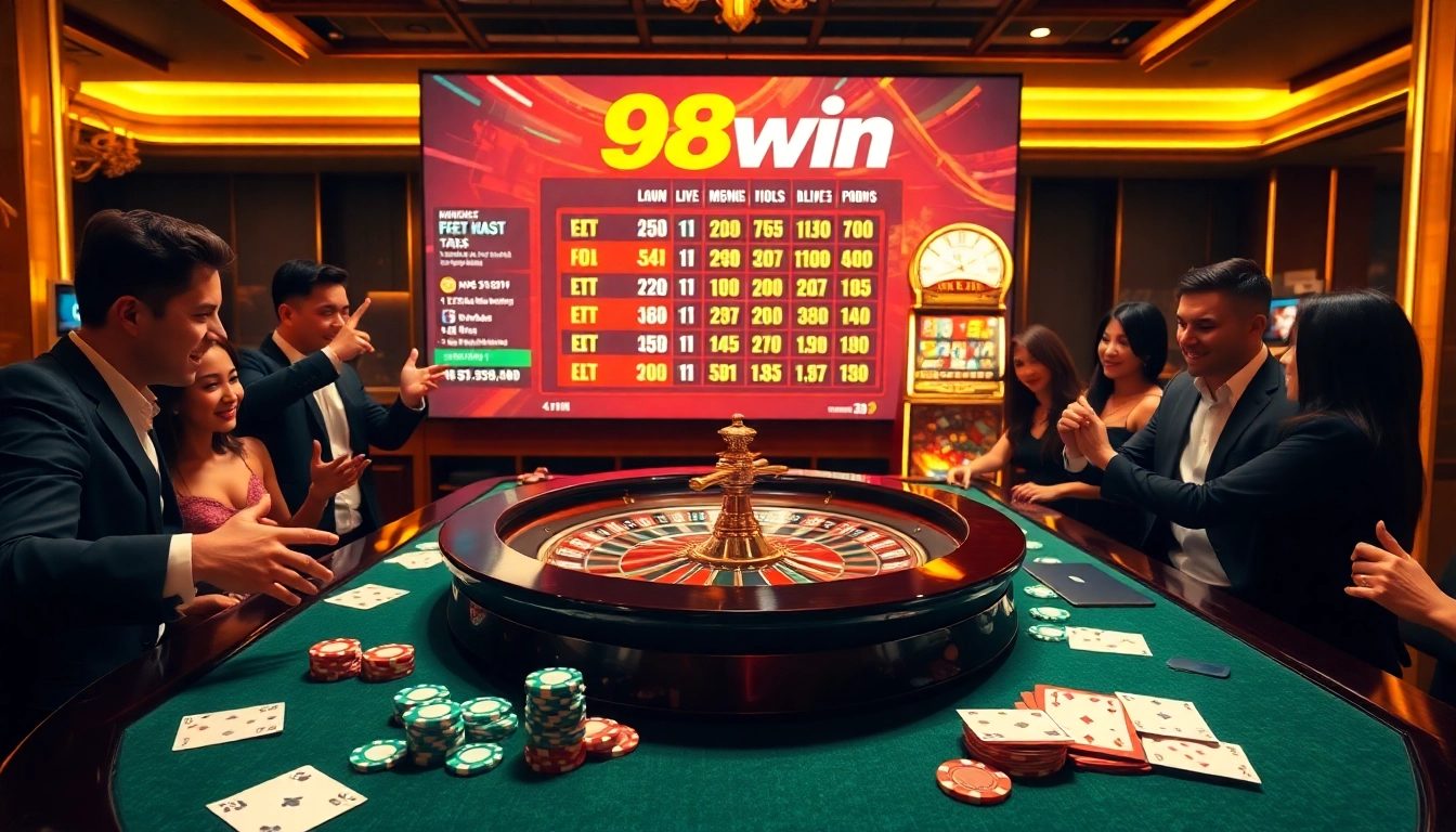 A dynamic 98win casino scene showcasing poker chips and a roulette table full of excitement.
