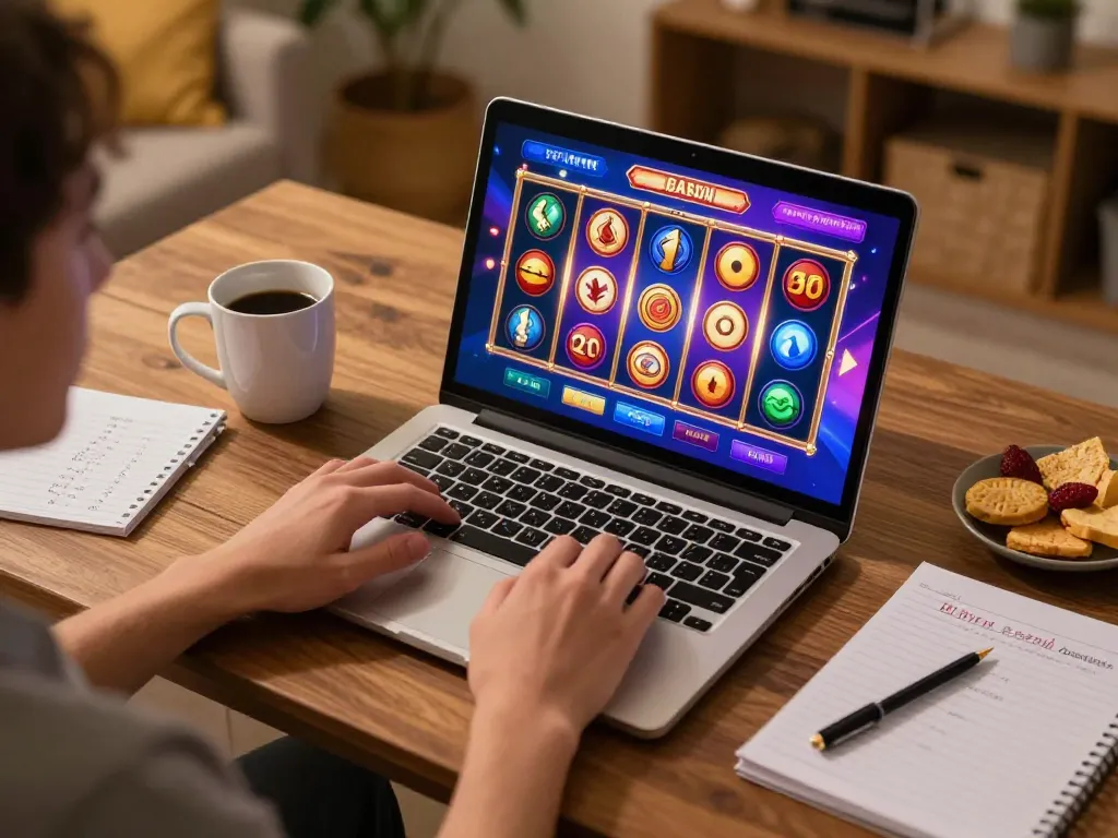 Playing rik vip online slots with engaging visuals on a laptop in a cozy home setup