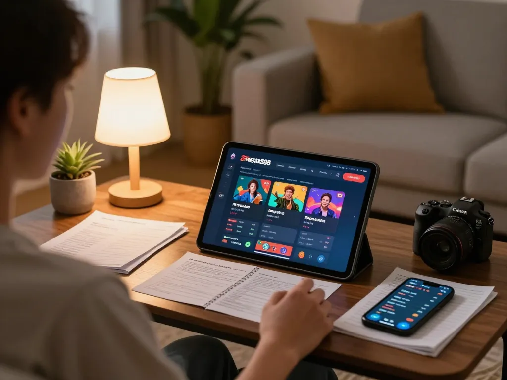Engaged player enjoying apk mega888 online casino on tablet in a cozy home setting