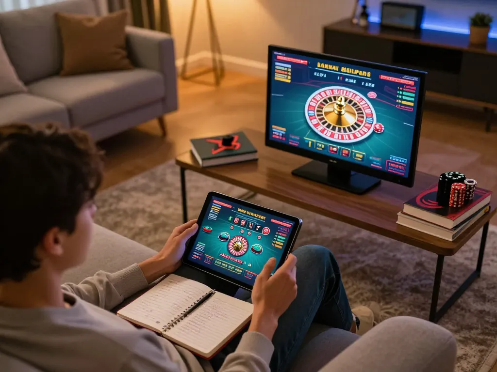 Engaging in online gambling at home using a tablet for public casino gaming and placing bets on a live roulette game.