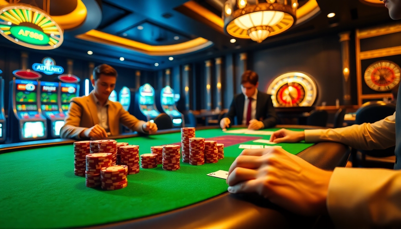 Experience the excitement of strategic betting at AF88 com with an intense poker game scene, highlighting luxury and engagement.