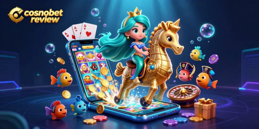 Engage with the thrilling cosmobet review amid colorful underwater characters and interactive gaming elements.