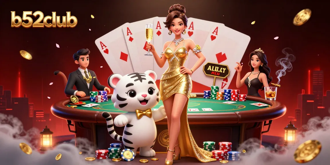 B52club showcases a glamorous woman and a lucky tiger in a vibrant 3D casino scene with poker excitement.