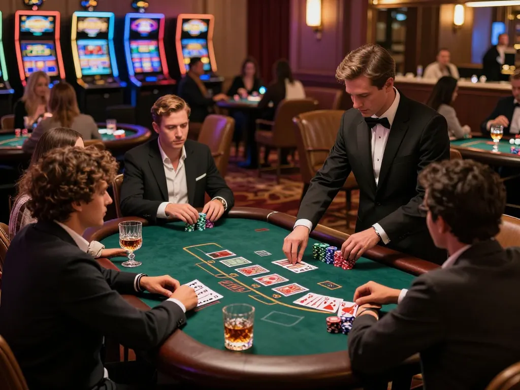 Players strategizing at LV88 blackjack table in upscale casino atmosphere with luxurious decor.