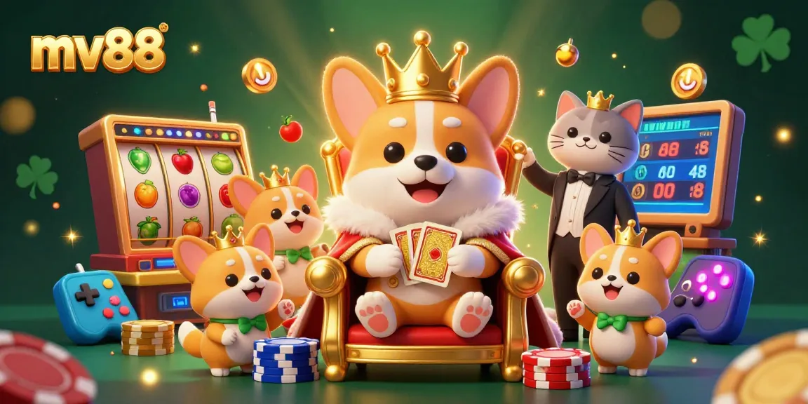 Experience the excitement with mv88's vibrant 3D gaming scene featuring royal corgis in action.