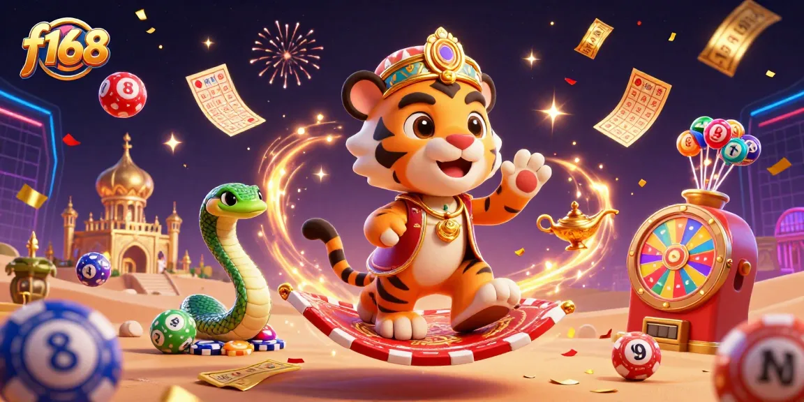 Win big with f168 in a vibrant 3D casino scene featuring lottery elements and dynamic celebrations.
