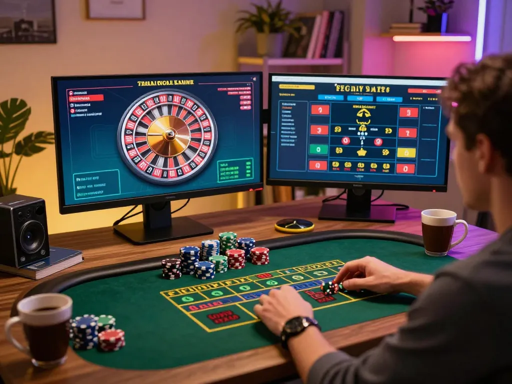 Engaging in online roulette betting with okfun while enjoying a cozy home gaming setup.