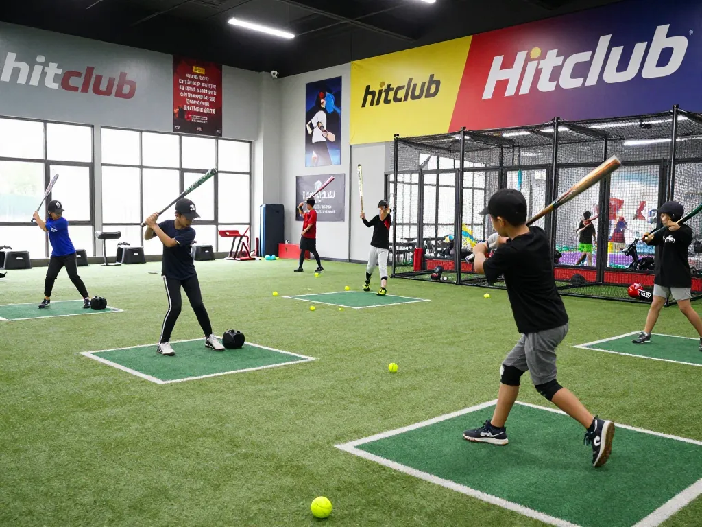 Athletes training at hitclub baseball facility showing dynamic swinging action and training equipment.
