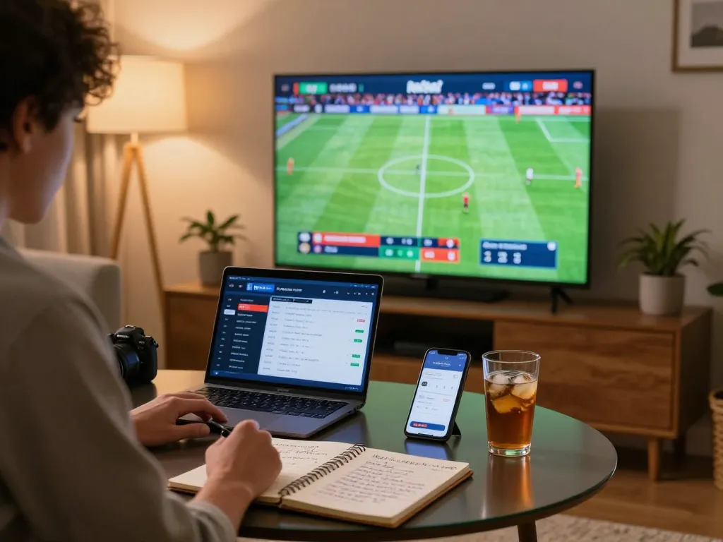 Sports betting on Nowgoal app at home with live match insights and focused gaming setup.