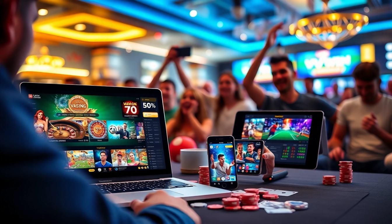Exciting online gaming scene showcasing vvvwin88.live on multiple devices with casino elements.