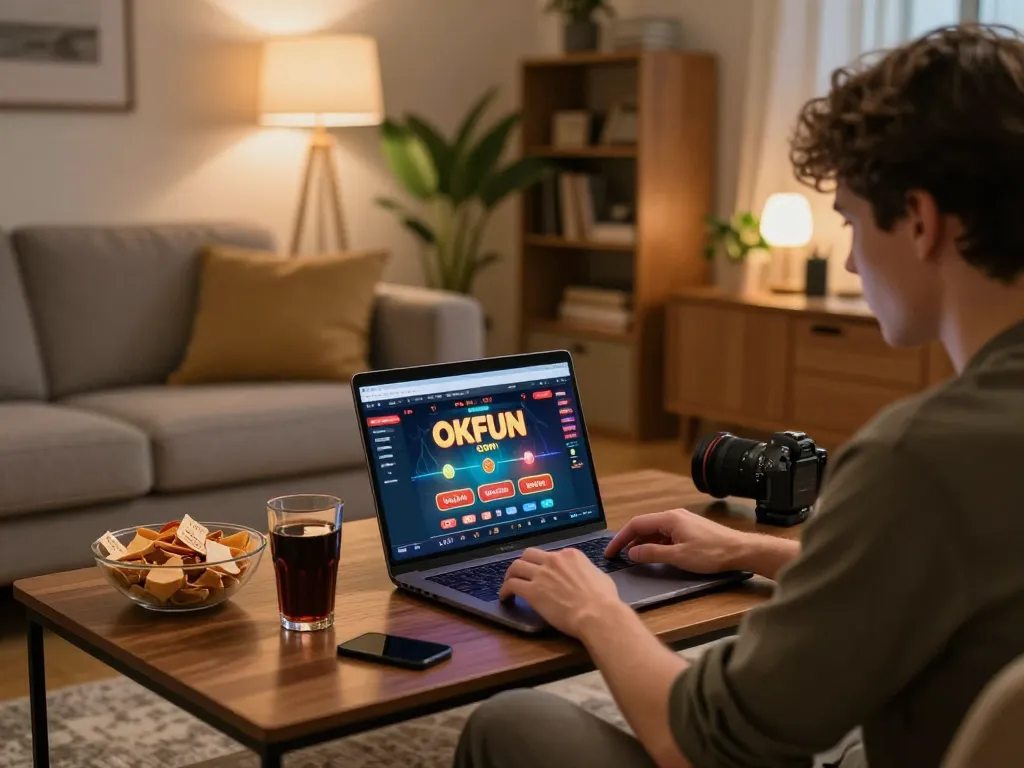 Engaging moment using the OKFUN com online casino interface from a cozy living room setup.