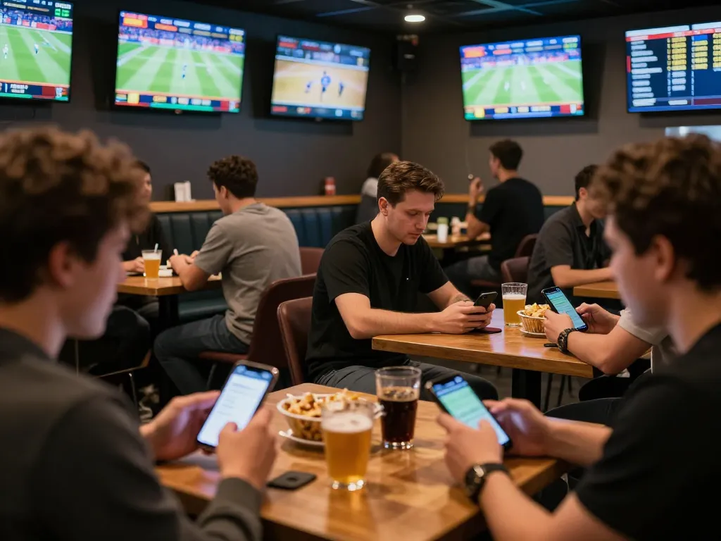 Engaging scene of fans at nhà cái lv88 placing bets in a vibrant sports lounge atmosphere.