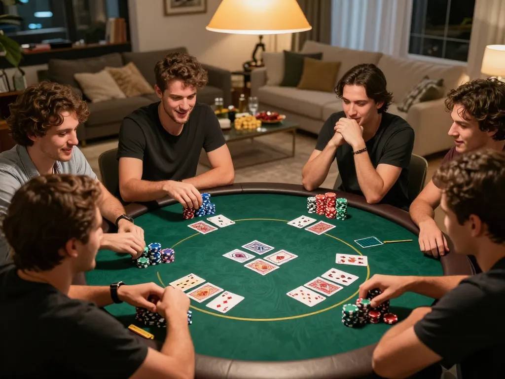 Players enjoying a thrilling poker game at home, showcasing the excitement and strategy of mb66 gaming.
