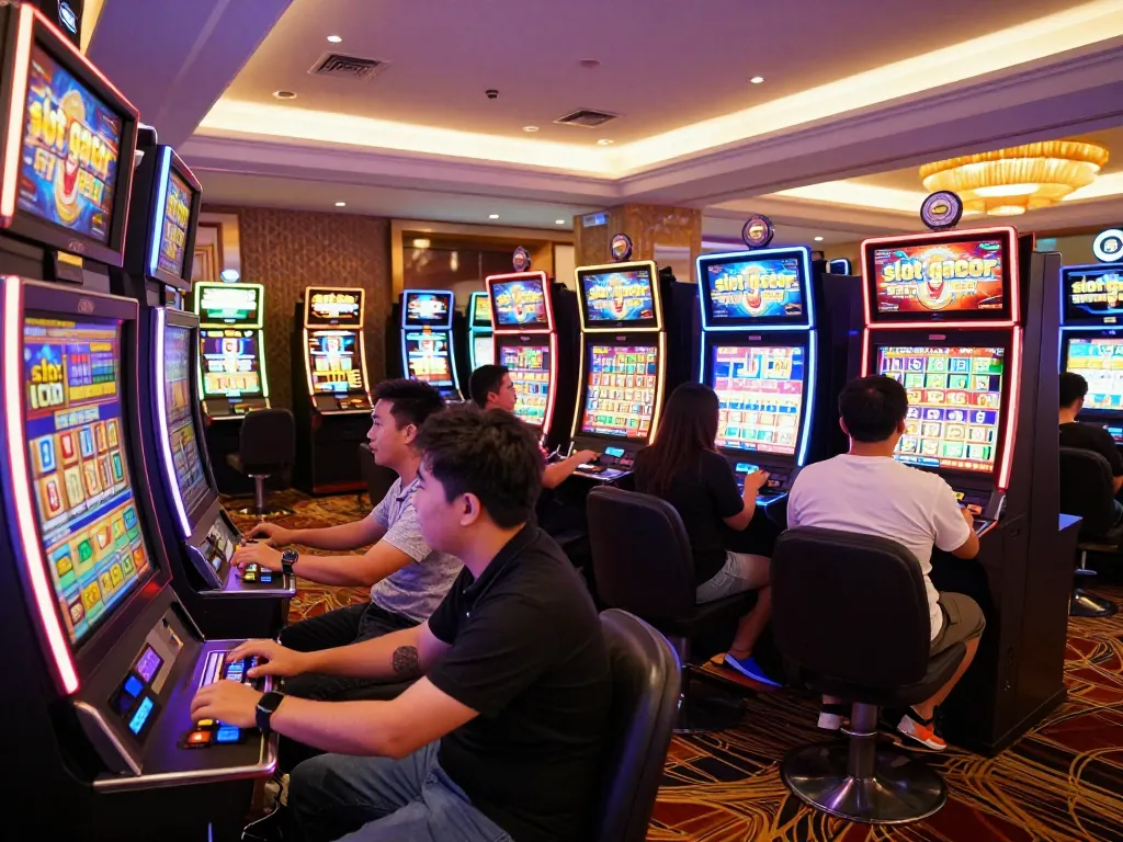 Players enjoying a vibrant slot gacor experience at a modern casino game area, showcasing excitement and engagement.