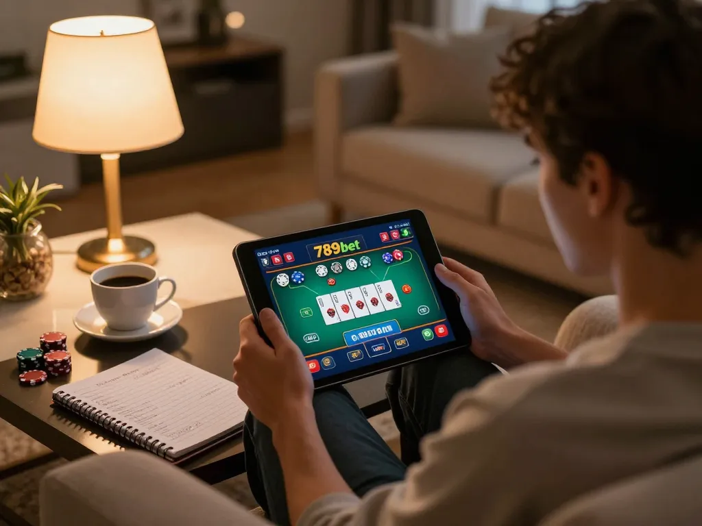 Player enjoying online poker at 789bet in a cozy home setting with warm lighting.