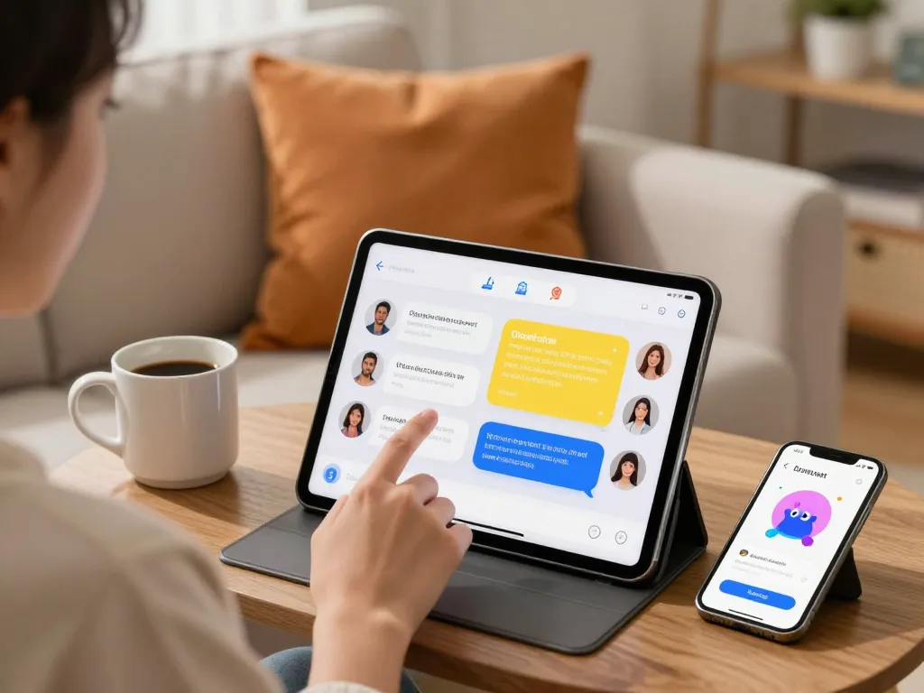Engaging user interaction with an AI porn chat interface on a tablet showcasing vibrant animated characters.