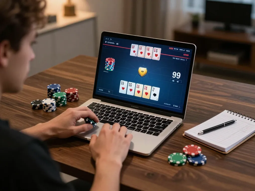Player engaging in strategic online poker on SC88 platform from home office, showcasing focused gameplay.
