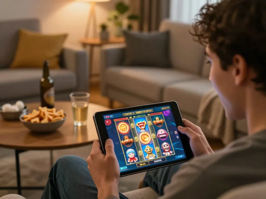 Player enjoying vibrant slots on tablet at home while exploring tr88 online gaming, cozy and inviting atmosphere.