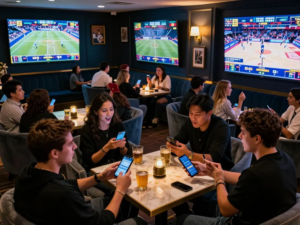 A lively sports betting lounge with fans engaged in live betting on 89bet com, celebrating goals and wins.