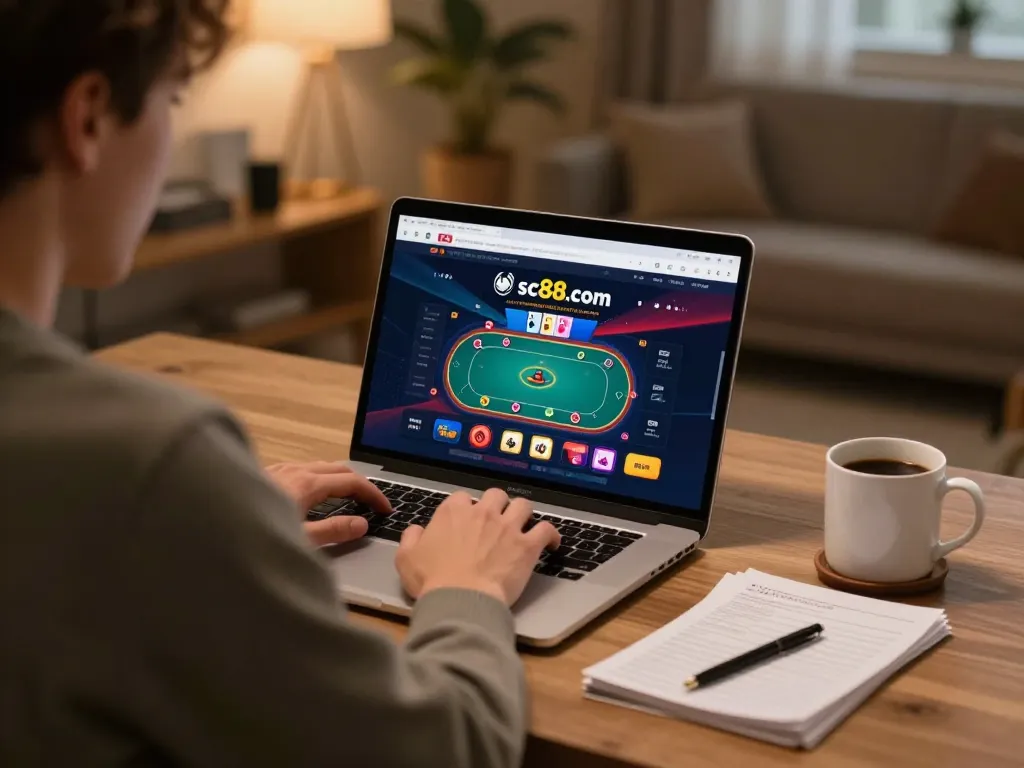 Engaged player strategizing on sc88.com poker game while enjoying a cozy home atmosphere.
