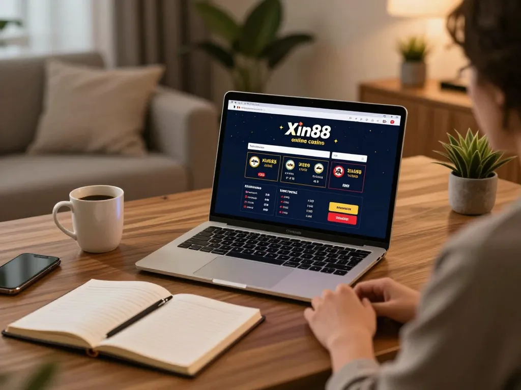Player exploring Xin88 online casino on laptop amidst a cozy home setup for responsible gaming