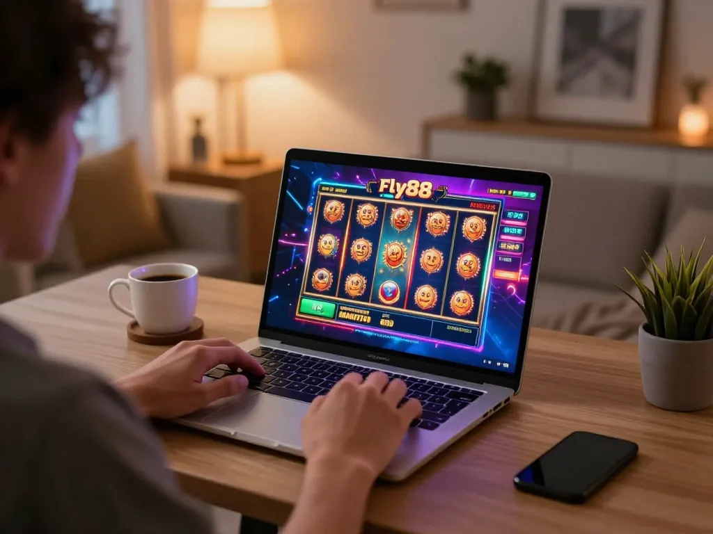 Player spins the reels in an immersive fly88 online casino experience at home.