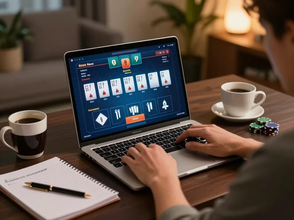 Player strategizing in an online poker game at home using MM88, showcasing gaming interface and responsible play.
