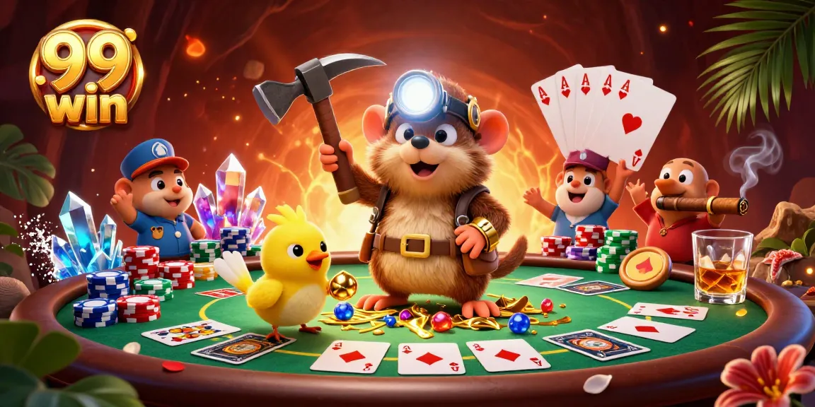 Experience the excitement of 99 win with a treasure hunter mole, poker chips, and glowing gems in action.